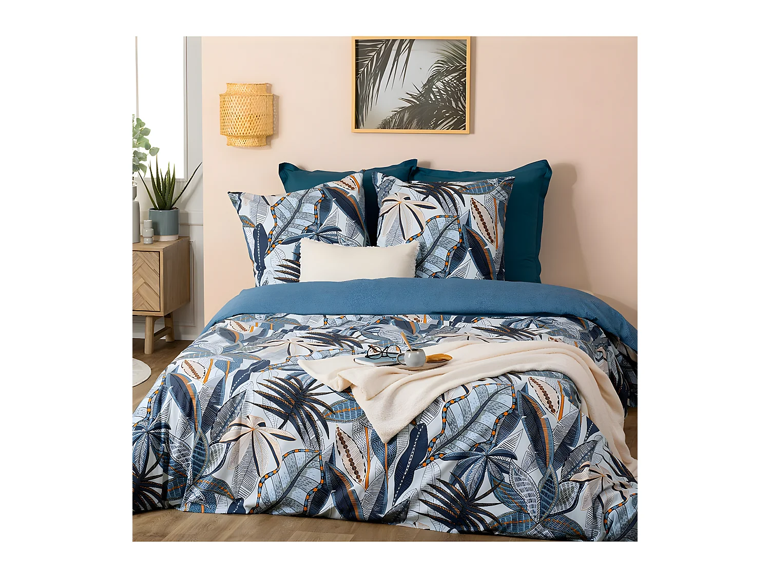 Parure de lit 2 Personnes 240 x 220 cm Housse de couette avec 2 taies Imprimé Nikau Bleu