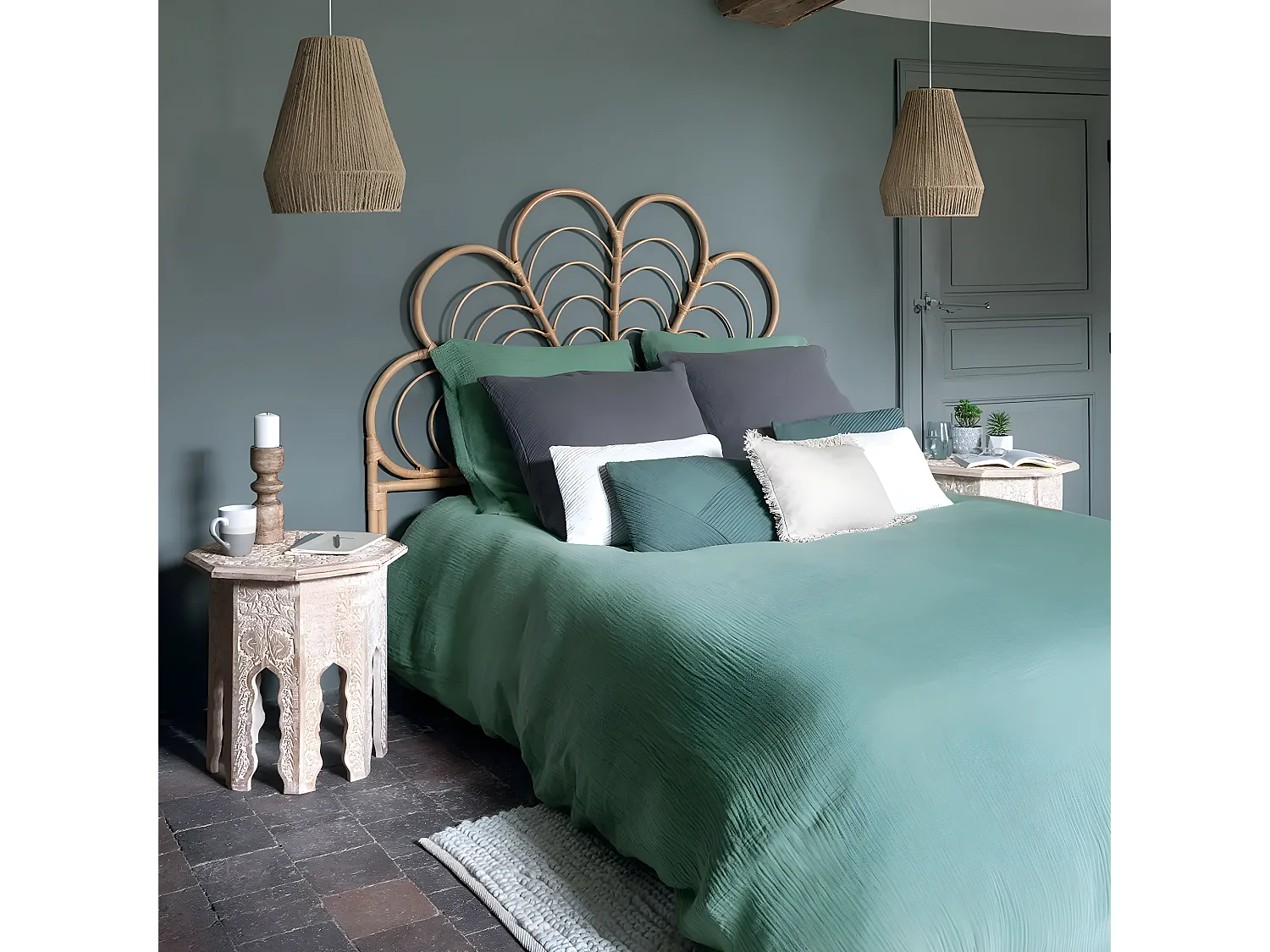 Tête de lit haute en rotin coloris naturel - Longueur 160 x Profondeur 2.8 x Hauteur 140 cm