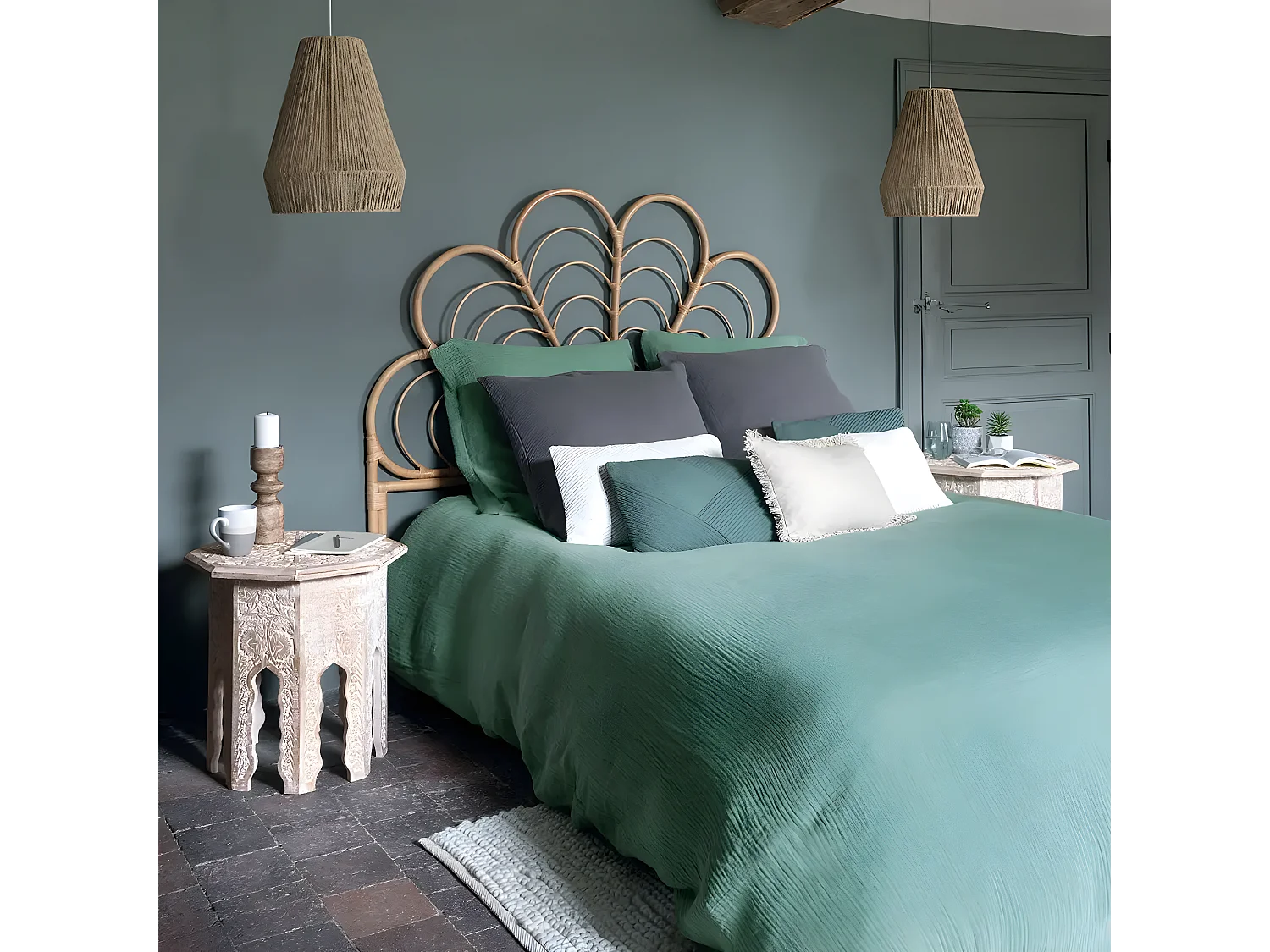 Tête de lit haute en rotin coloris naturel - Longueur 160 x Profondeur 2.8 x Hauteur 140 cm