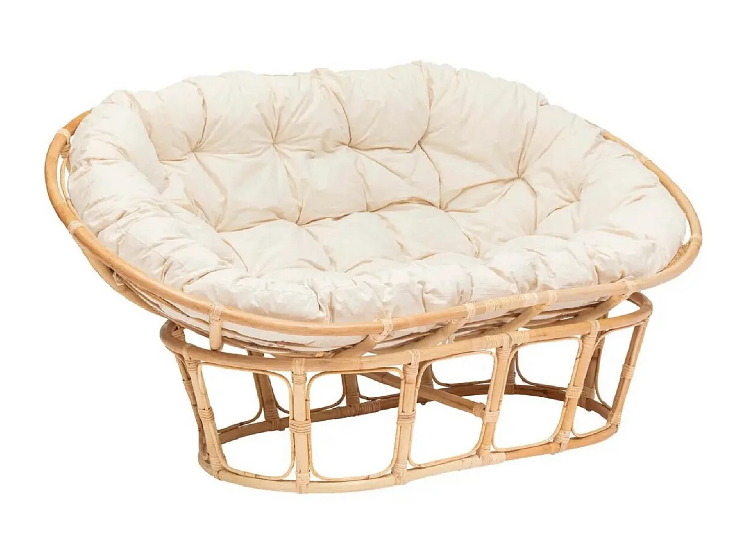 Banquette 2 places ,canapé rembourré en tissu beige et rotin naturel - Longueur 170 x Profondeur 81 x Hauteur 108 cm