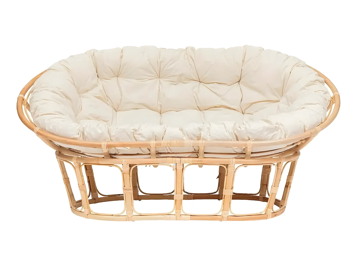 Banquette 2 places ,canapé rembourré en tissu beige et rotin naturel - Longueur 170 x Profondeur 81 x Hauteur 108 cm