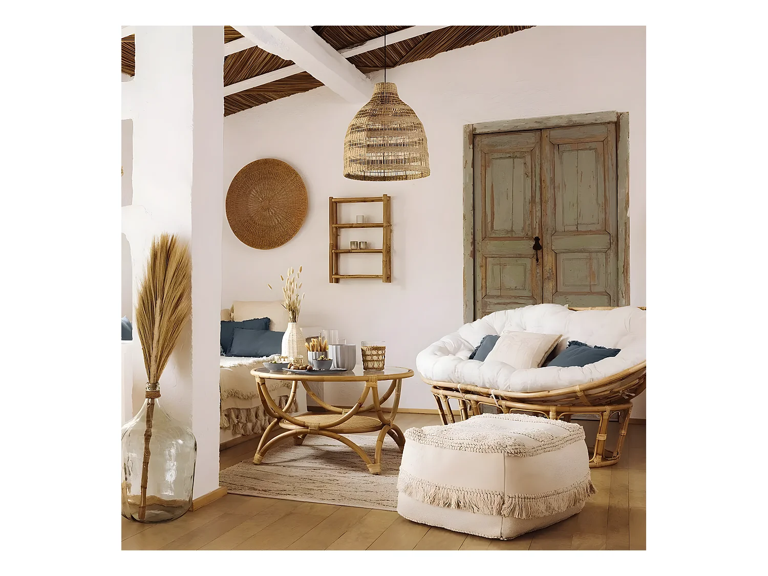 Banquette 2 places ,canapé rembourré en tissu beige et rotin naturel - Longueur 170 x Profondeur 81 x Hauteur 108 cm