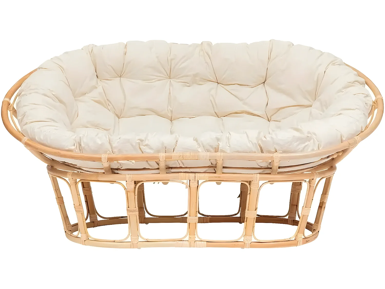 Banquette 2 places ,canapé rembourré en tissu beige et rotin naturel - Longueur 170 x Profondeur 81 x Hauteur 108 cm