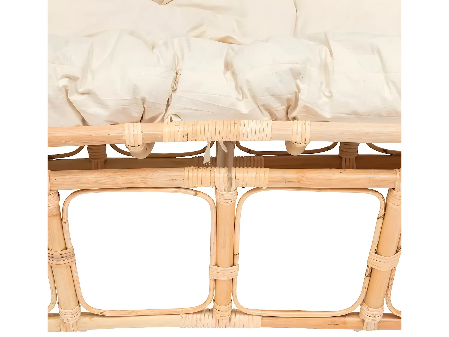 Banquette 2 places ,canapé rembourré en tissu beige et rotin naturel - Longueur 170 x Profondeur 81 x Hauteur 108 cm