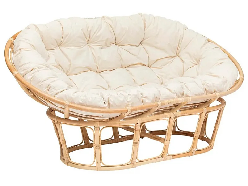 Banquette 2 places ,canapé rembourré en tissu beige et rotin naturel - Longueur 170 x Profondeur 81 x Hauteur 108 cm