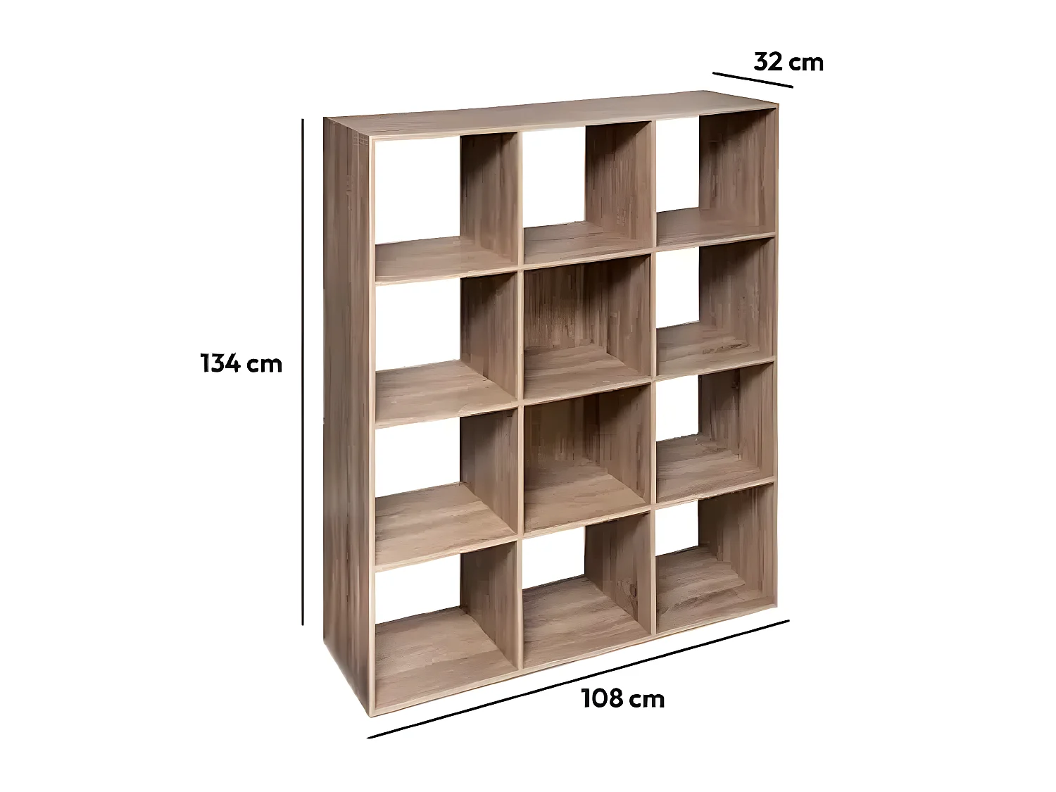 Bibliothèque, étagère en panneaux de particules aggloméré avec 12 niches - Longueur 101 x Profondeur 32 x Hauteur 134 cm
