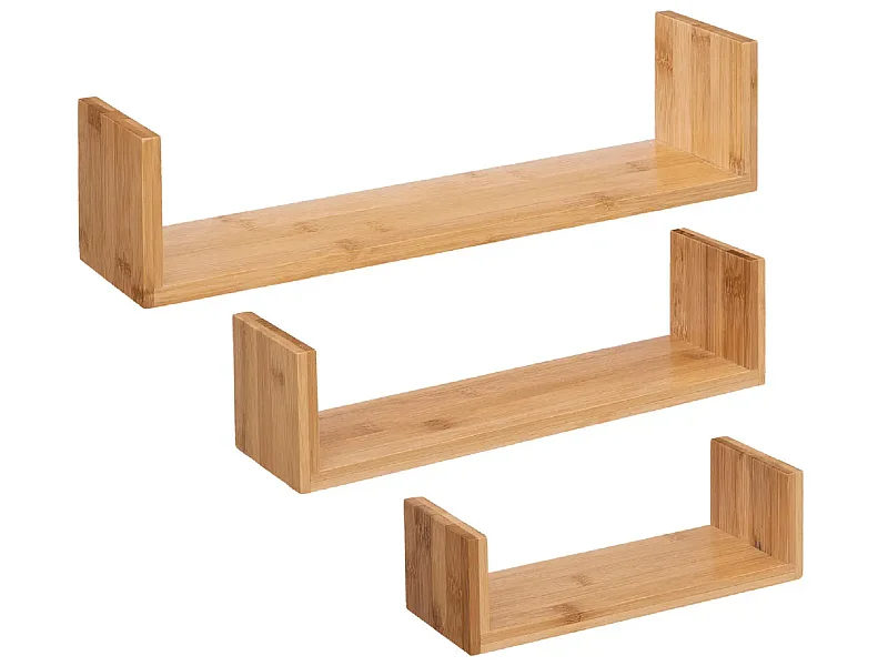 Lot de 3 étagères murales flottantes en bambou coloris naturel - Longueur 42/32/22 x Profondeur 10/10/10 x Hauteur 10/8.5/7.7 cm