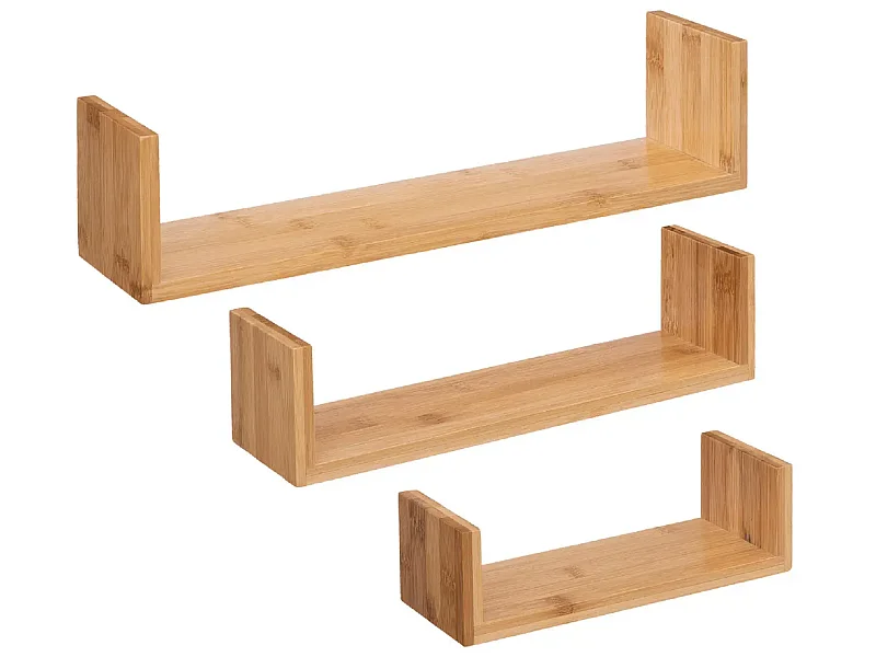 Lot de 3 étagères murales flottantes en bambou coloris naturel - Longueur 42/32/22 x Profondeur 10/10/10 x Hauteur 10/8.5/7.7 cm