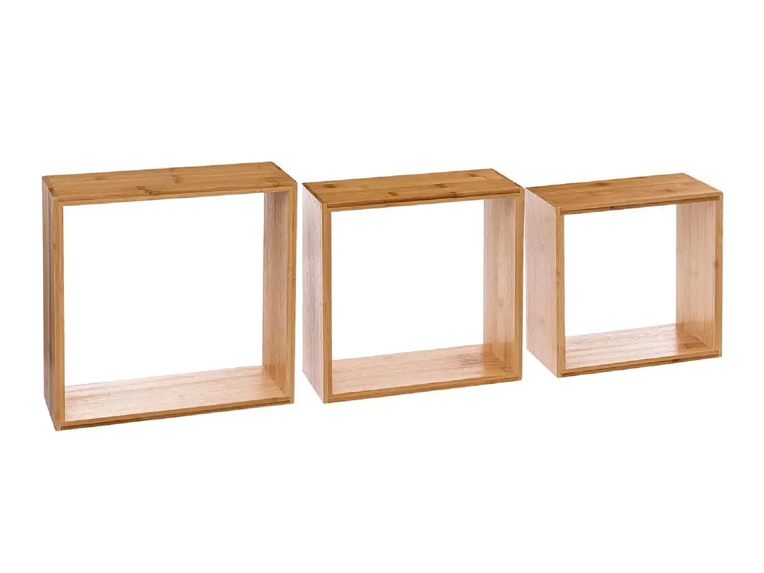 Lot de 3 étagères murales forme carrée en bambou coloris naturel - Longueur 25/20/15 x Profondeur 9/9/9 x Hauteur 25/20/15 cm