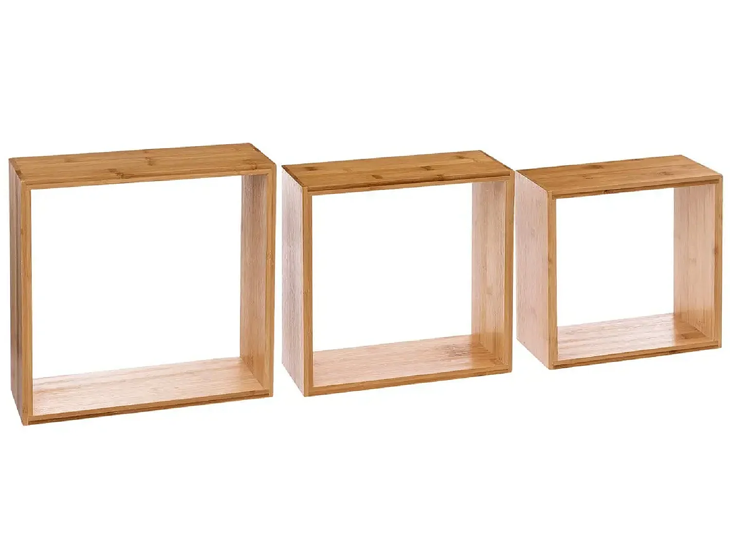 Lot de 3 étagères murales forme carrée en bambou coloris naturel - Longueur 25/20/15 x Profondeur 9/9/9 x Hauteur 25/20/15 cm