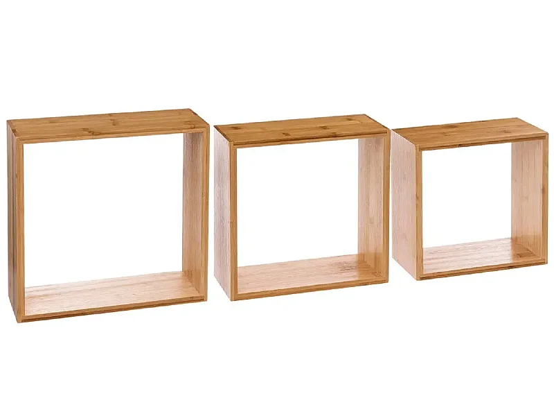 Lot de 3 étagères murales forme carrée en bambou coloris naturel - Longueur 25/20/15 x Profondeur 9/9/9 x Hauteur 25/20/15 cm