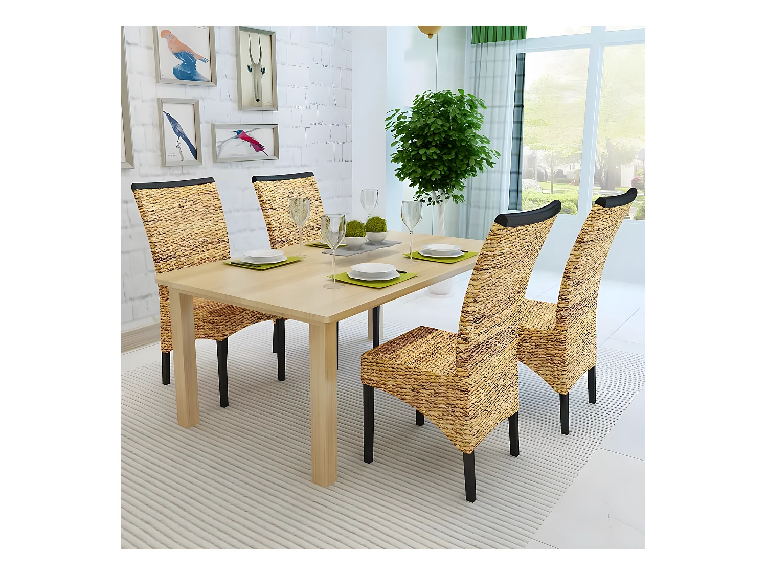 Lot de 4 chaises de salle à manger cuisine design moderne bois solide de manguier et abaca CDS021337