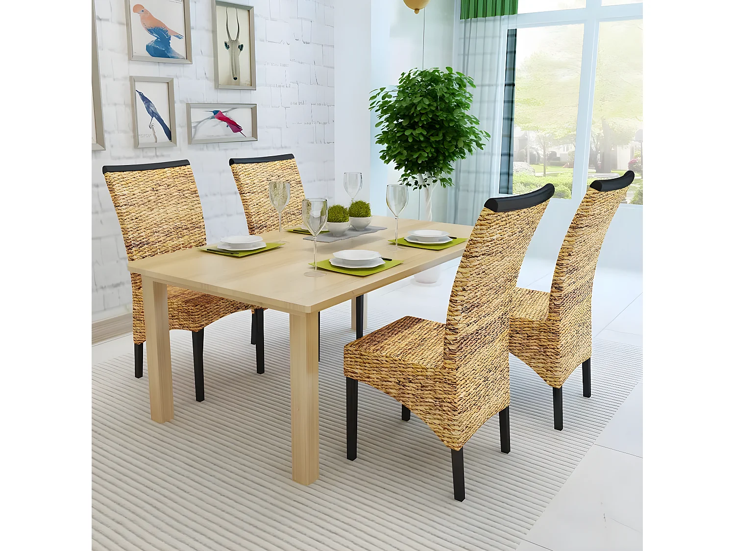 Lot de 4 chaises de salle à manger cuisine design moderne bois solide de manguier et abaca CDS021337