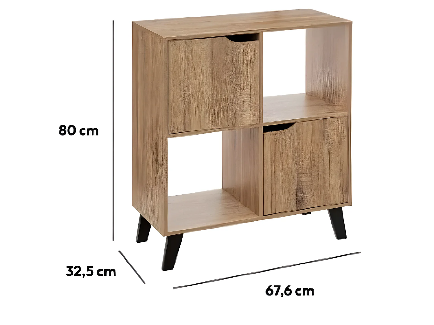 Meuble étagère carrée en bois MDF naturel avec pieds noirs en bois d'hévéa - Longueur 67.6 x Profondeur 32.5 x Hauteur 80 cm