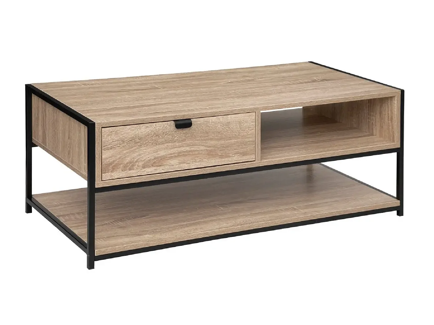 Table basse rectangulaire avec rangement en bois naturel avec pieds en métal noir - Longueur 100 x Profondeur 40 x Hauteur 50 cm