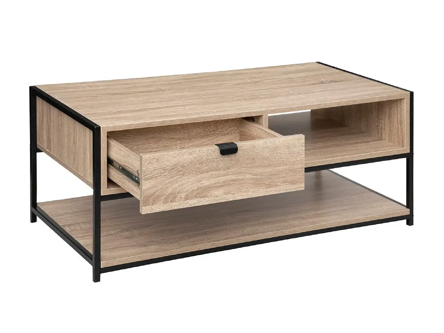 Table basse rectangulaire avec rangement en bois naturel avec pieds en métal noir - Longueur 100 x Profondeur 40 x Hauteur 50 cm