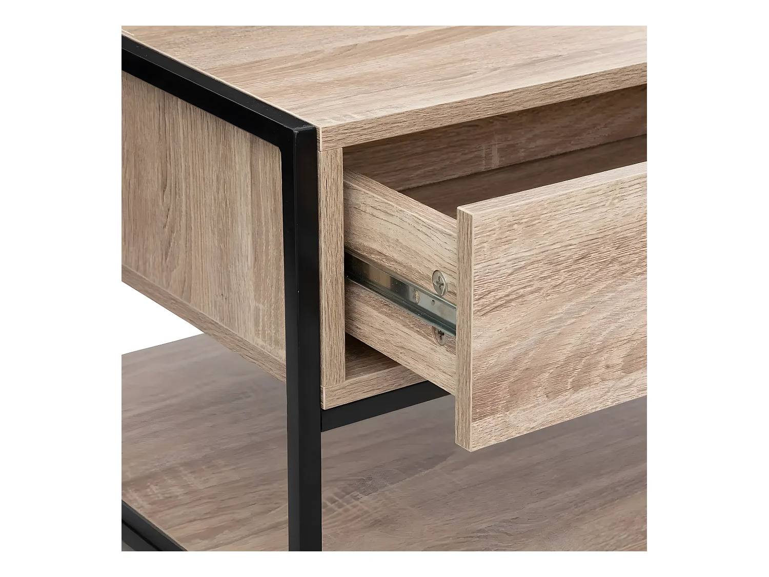 Table basse rectangulaire avec rangement en bois naturel avec pieds en métal noir - Longueur 100 x Profondeur 40 x Hauteur 50 cm