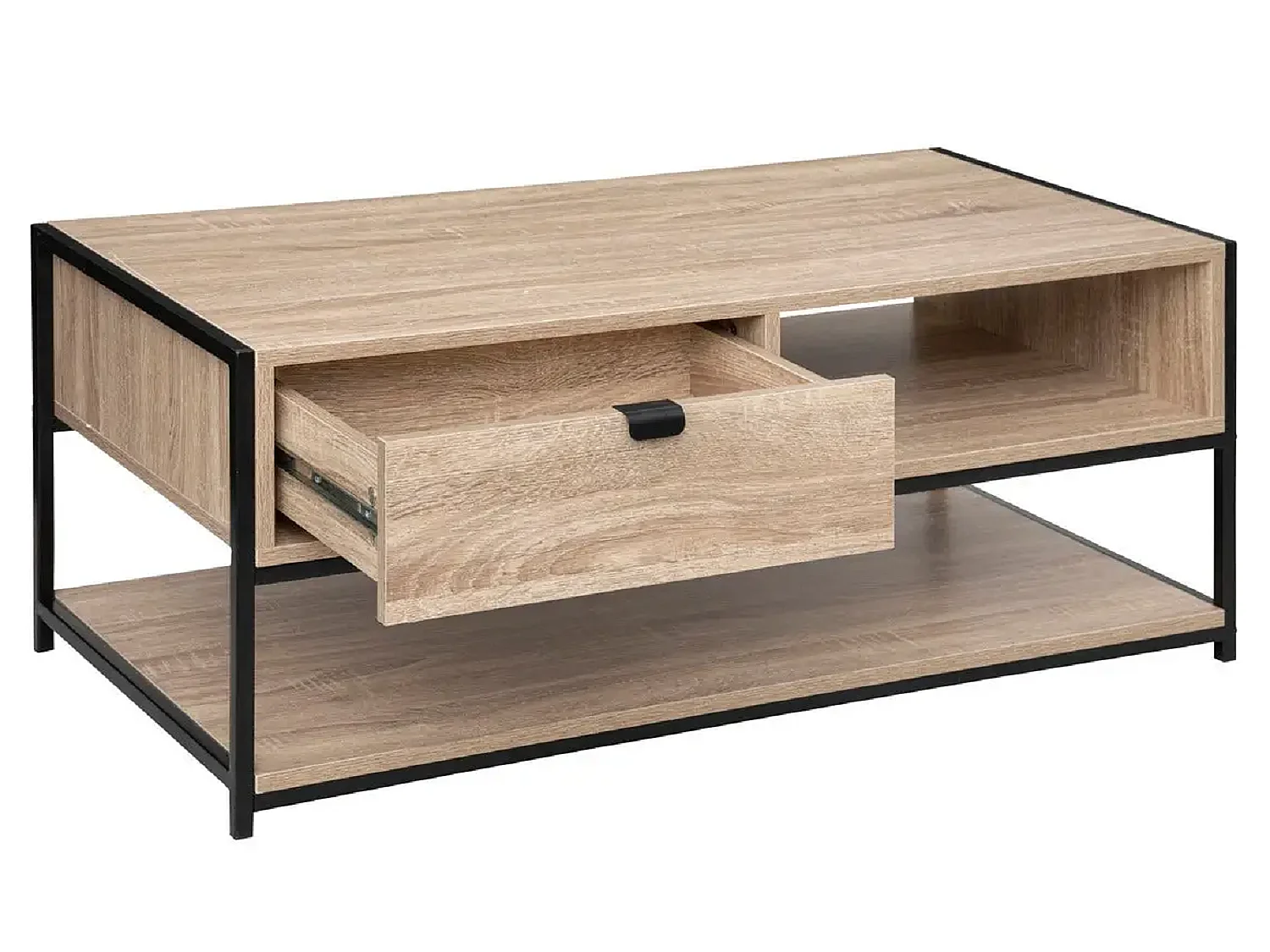 Table basse rectangulaire avec rangement en bois naturel avec pieds en métal noir - Longueur 100 x Profondeur 40 x Hauteur 50 cm