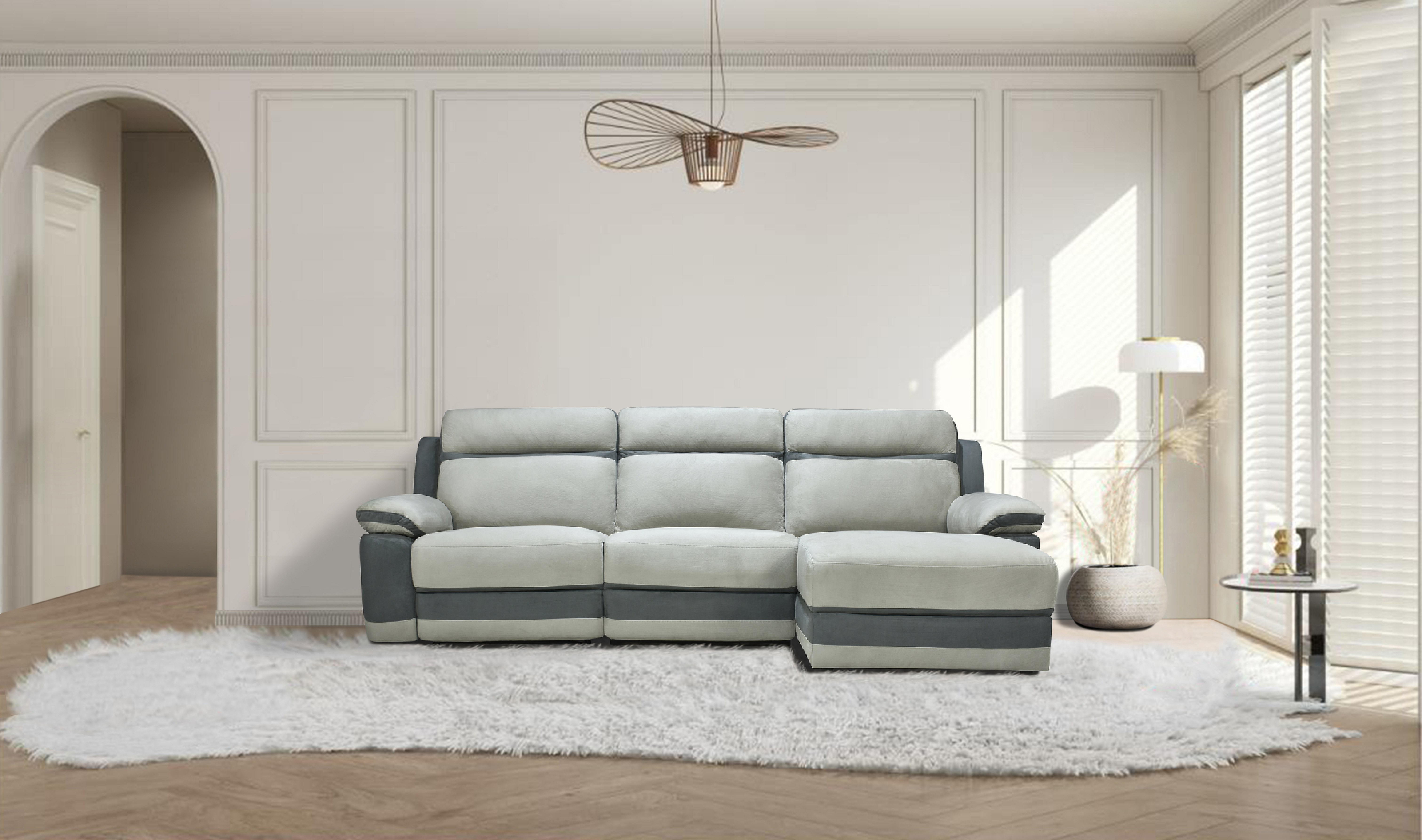 Sofá esquinero relax derecho de microfibra gris claro y bandas