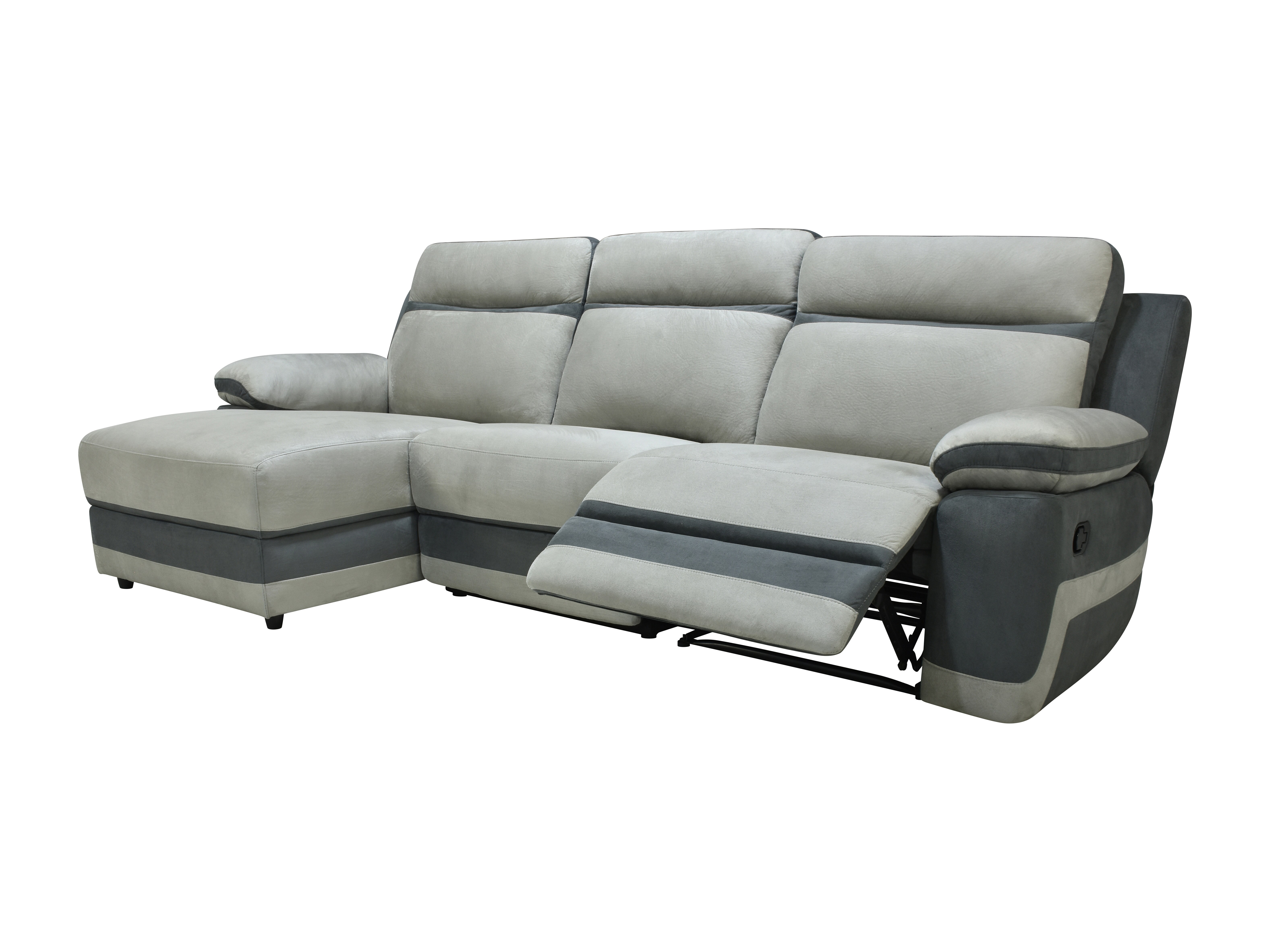 Sofá esquinero izquierda relax en microfibra gris claro y bandas