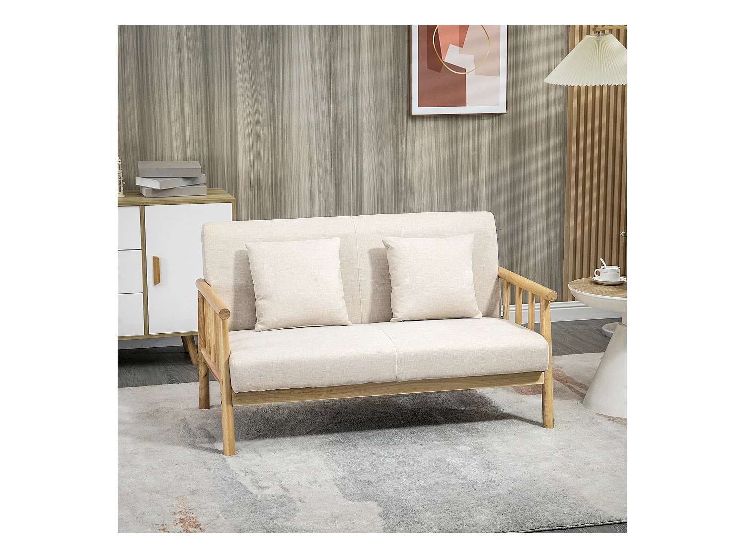 Canapé lounge 2 places - 2 coussins inclus - assise profonde - accoudoirs - structure bois hévéa - aspect lin beige