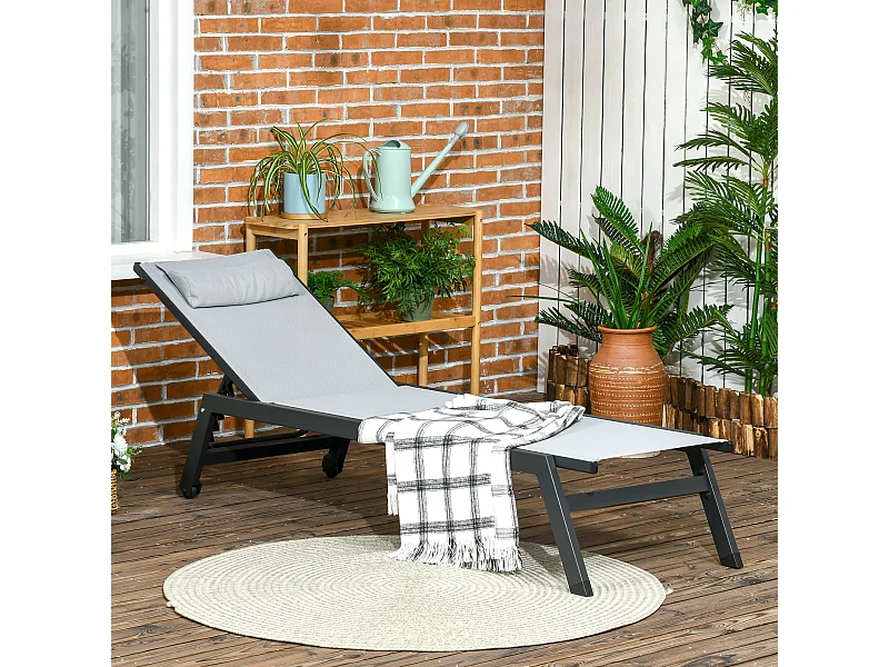 Bain de soleil transat inclinable 5 positions - tétière, 2 roulettes - alu. textilène gris