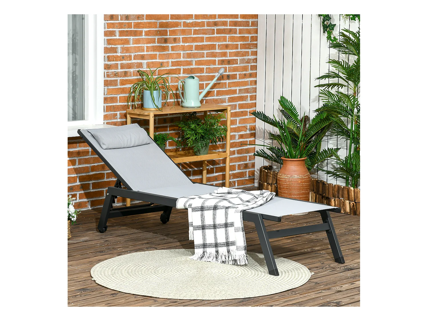 Bain de soleil transat inclinable 5 positions - tétière, 2 roulettes - alu. textilène gris