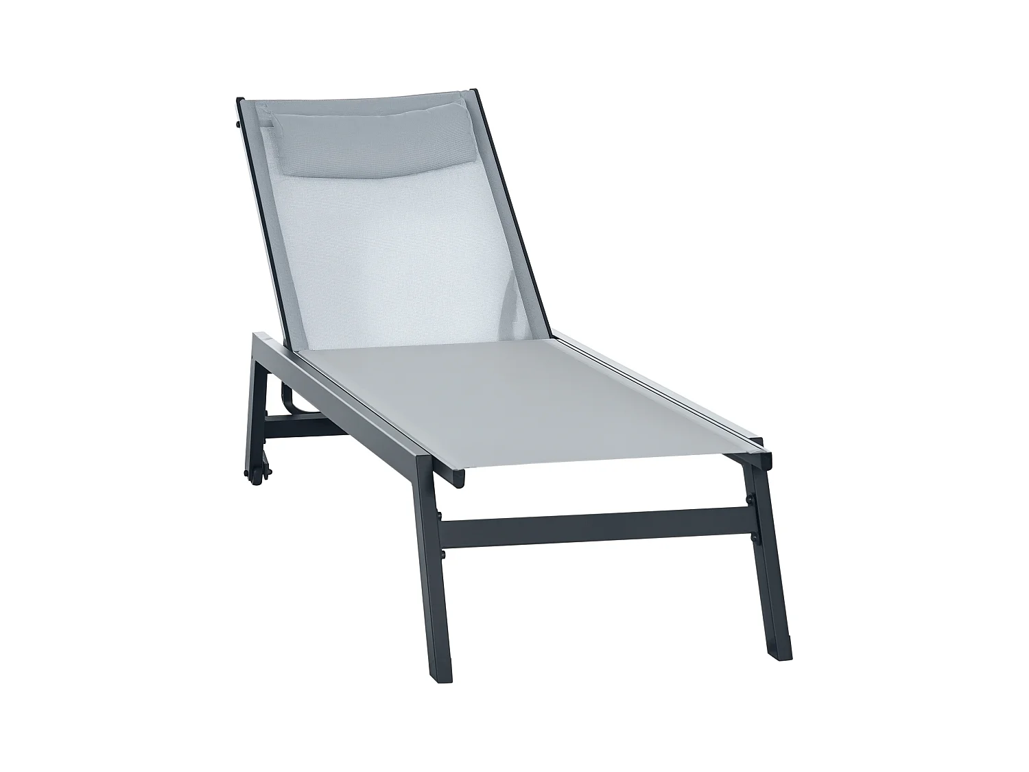 Bain de soleil transat inclinable 5 positions - tétière, 2 roulettes - alu. textilène gris