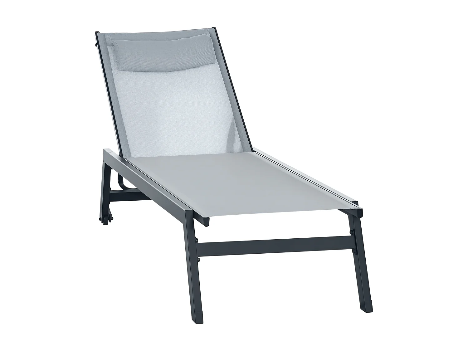 Bain de soleil transat inclinable 5 positions - tétière, 2 roulettes - alu. textilène gris