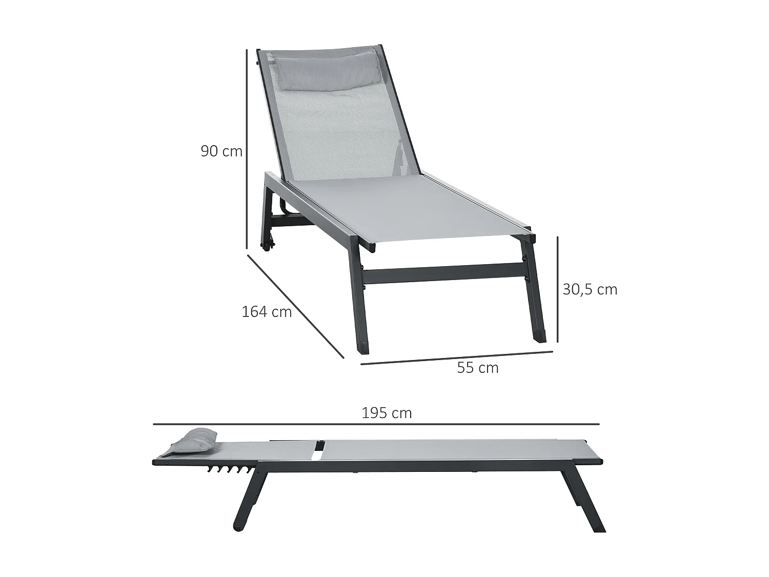 Bain de soleil transat inclinable 5 positions - tétière, 2 roulettes - alu. textilène gris