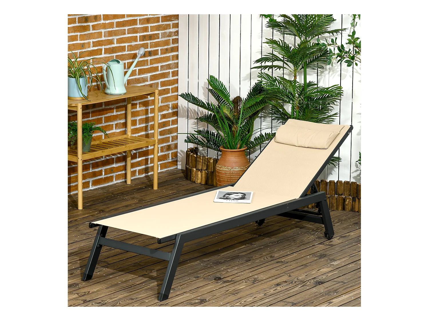 Bain de soleil transat inclinable 5 positions - tétière, 2 roulettes - alu. textilène kaki