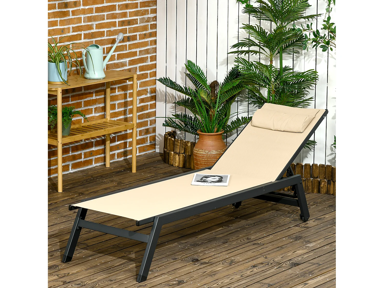 Bain de soleil transat inclinable 5 positions - tétière, 2 roulettes - alu. textilène kaki