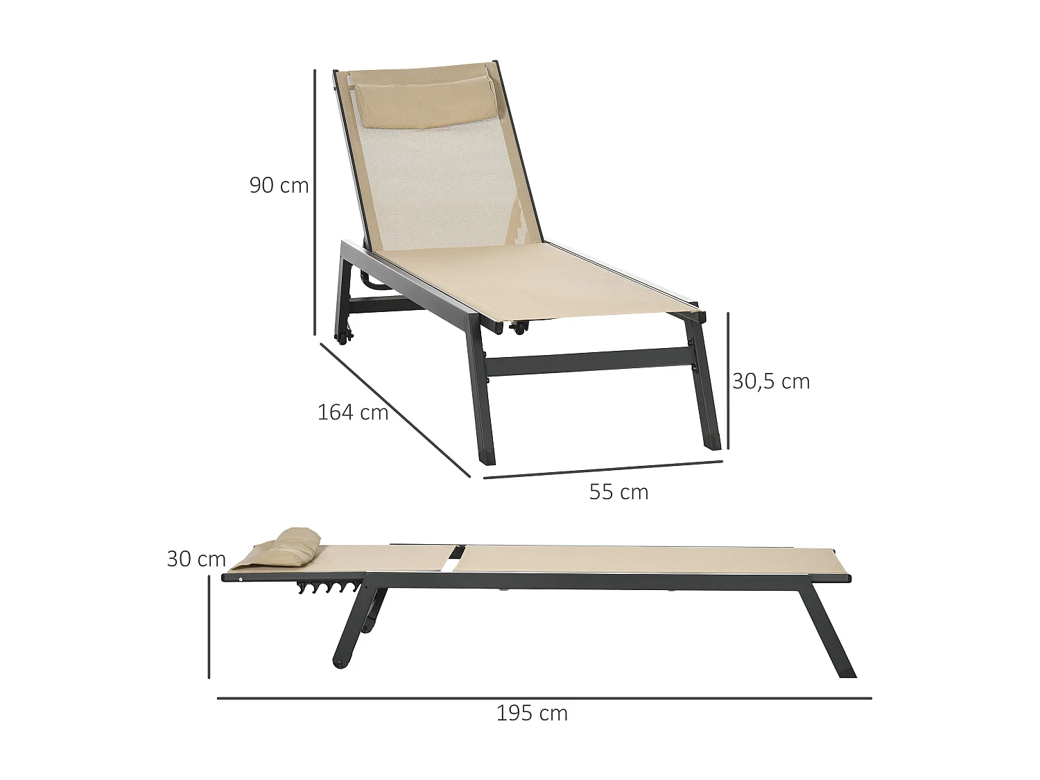 Bain de soleil transat inclinable 5 positions - tétière, 2 roulettes - alu. textilène kaki