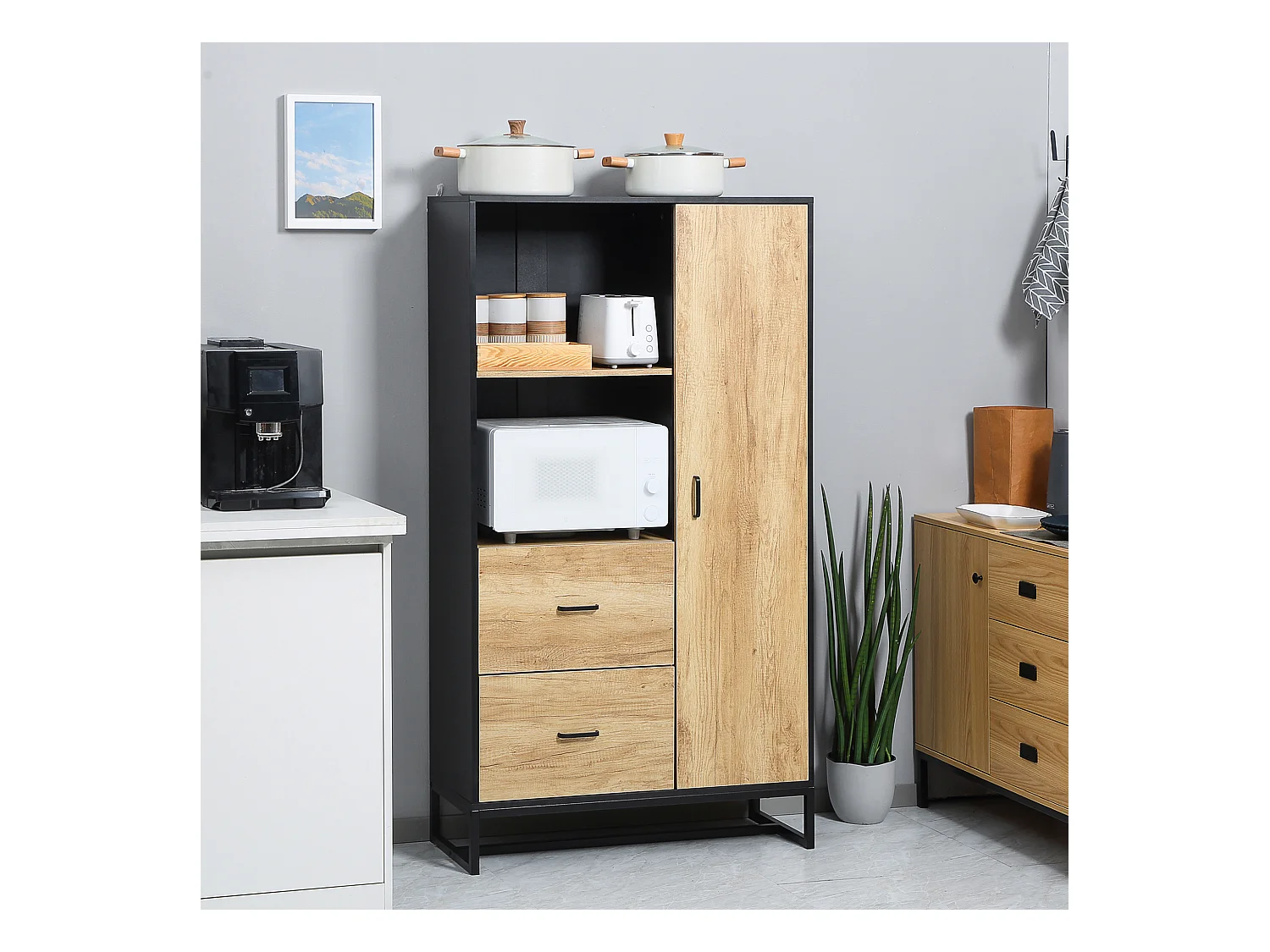 Buffet haut multi-rangement une porte 3 étagères 2 tiroirs 2 niches piètement acier noir aspect chêne clair