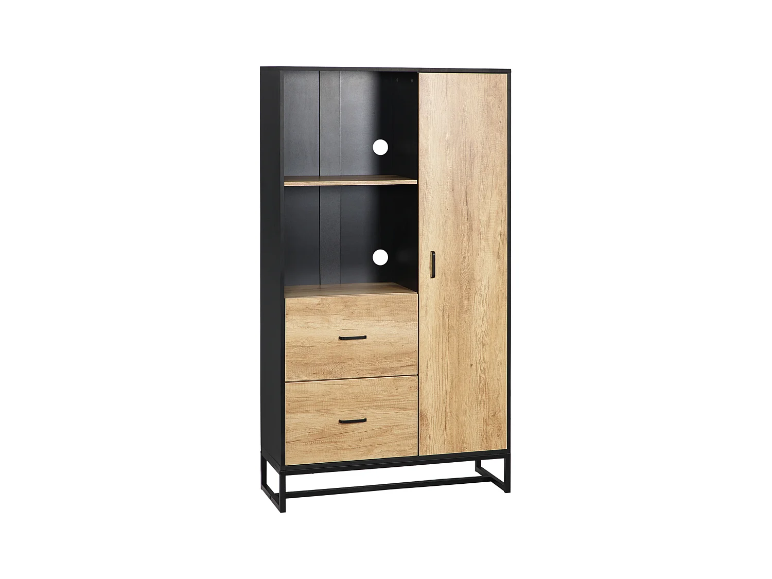 Buffet haut multi-rangement une porte 3 étagères 2 tiroirs 2 niches piètement acier noir aspect chêne clair