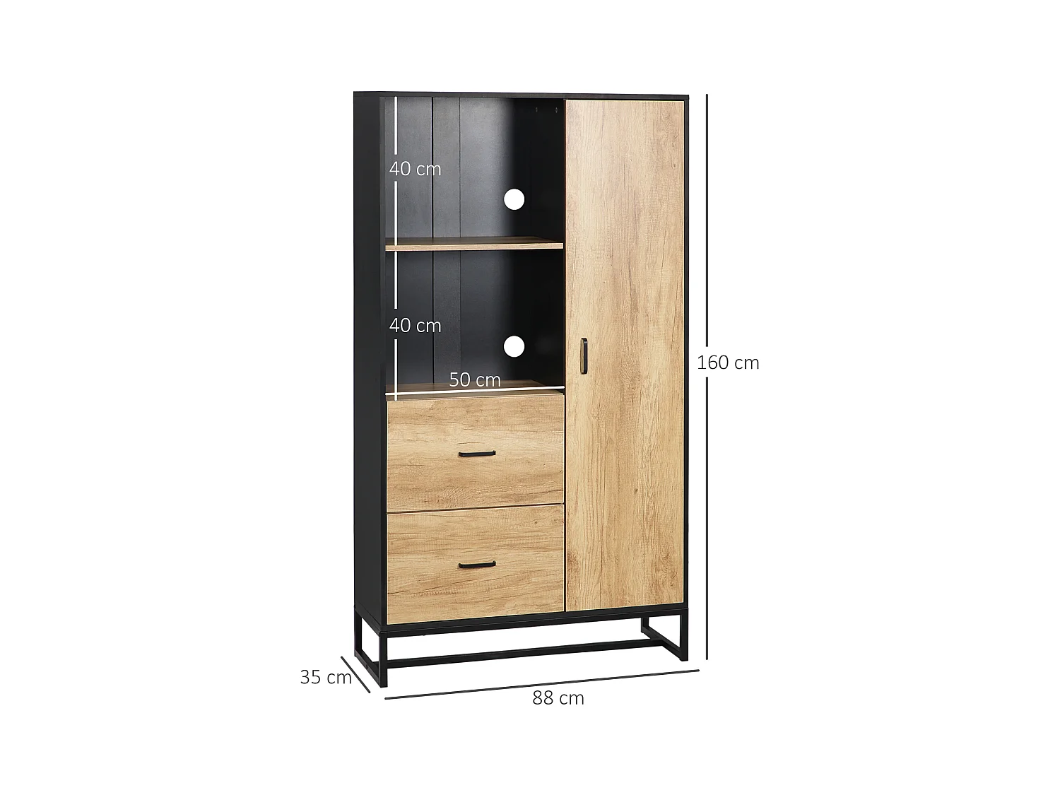 Buffet haut multi-rangement une porte 3 étagères 2 tiroirs 2 niches piètement acier noir aspect chêne clair