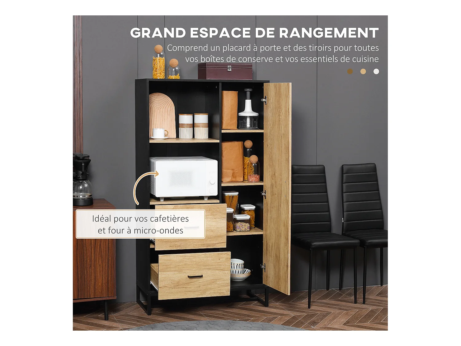 Buffet haut multi-rangement une porte 3 étagères 2 tiroirs 2 niches piètement acier noir aspect chêne clair