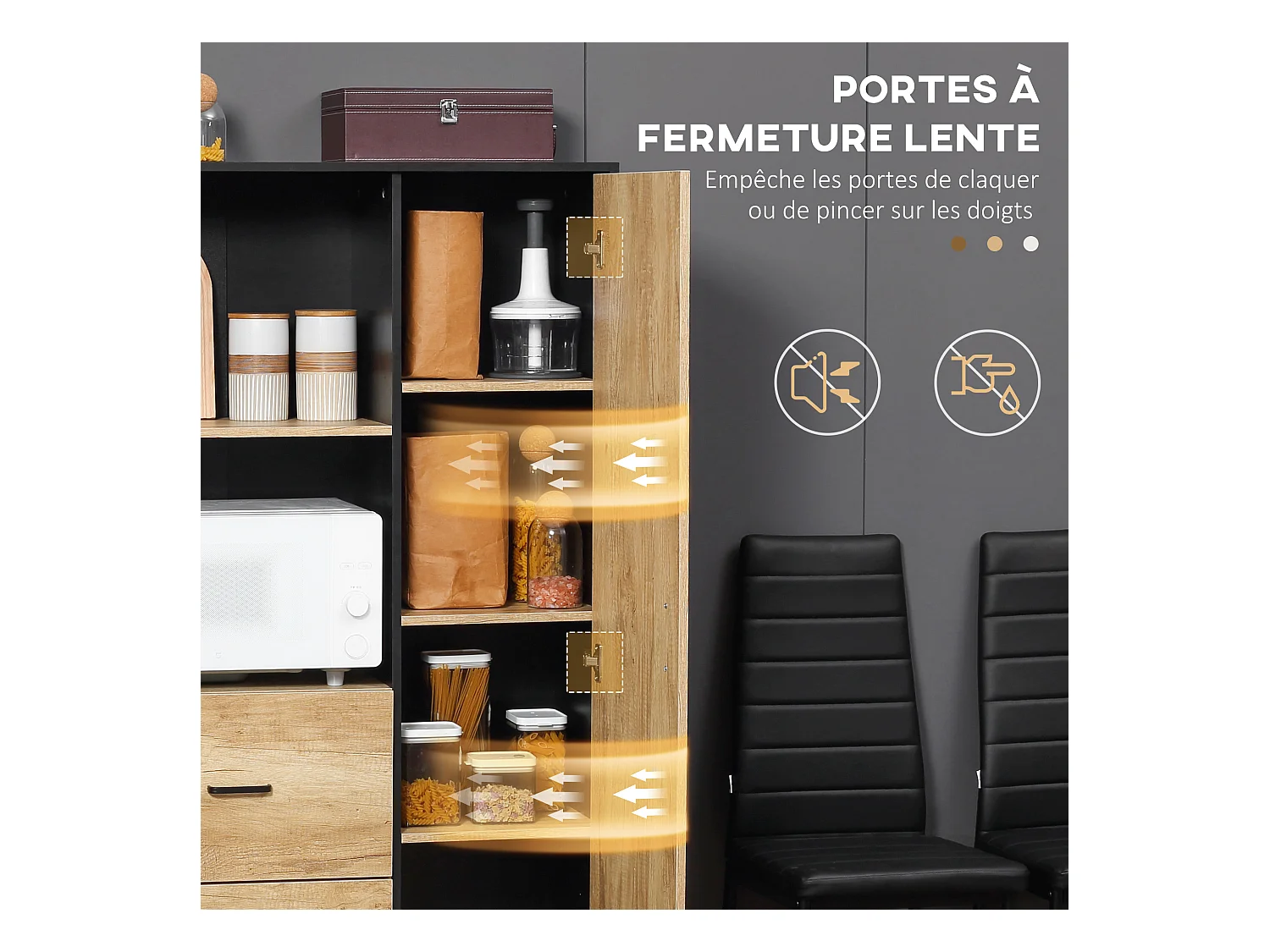 Buffet haut multi-rangement une porte 3 étagères 2 tiroirs 2 niches piètement acier noir aspect chêne clair
