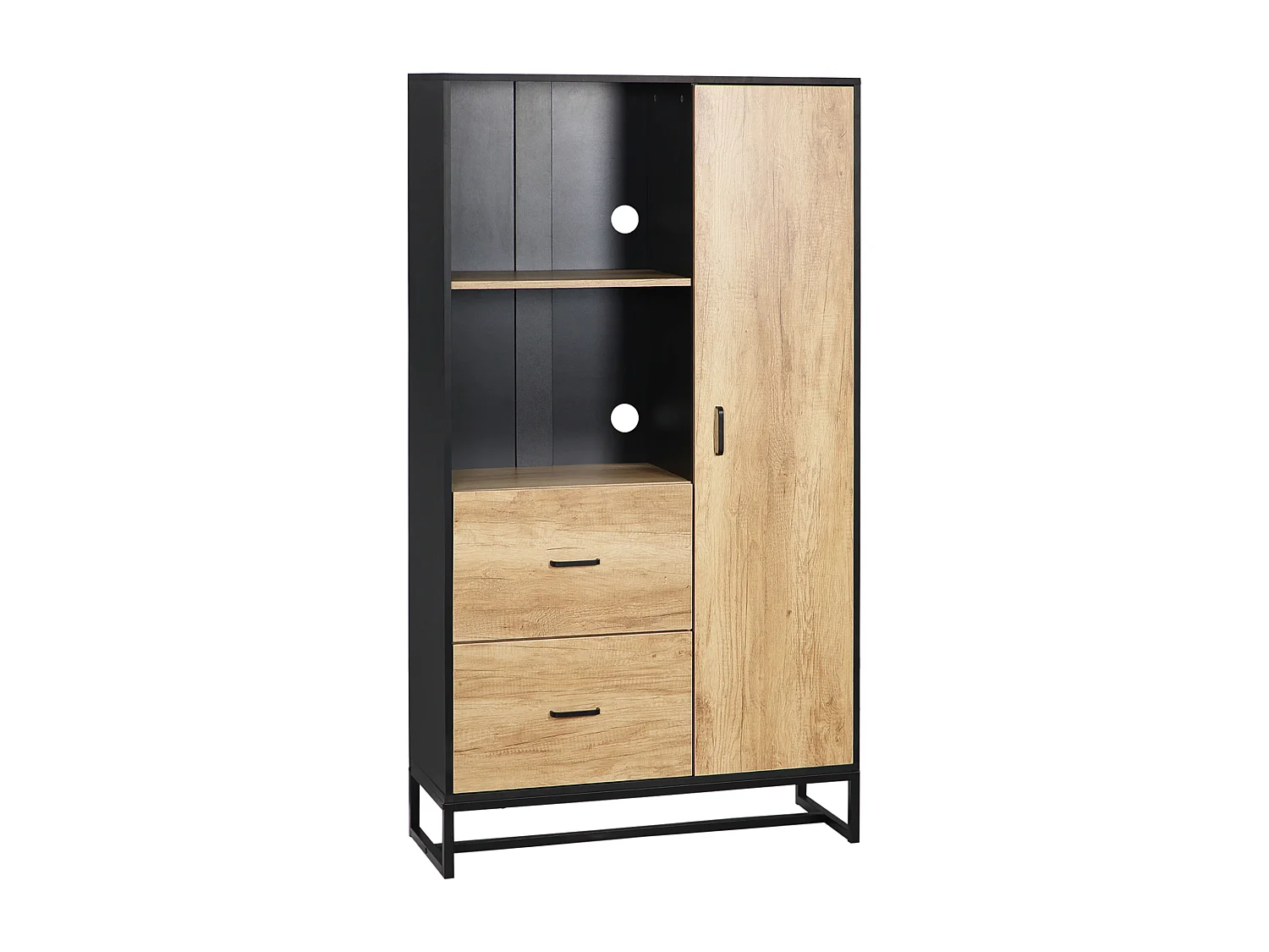 Buffet haut multi-rangement une porte 3 étagères 2 tiroirs 2 niches piètement acier noir aspect chêne clair