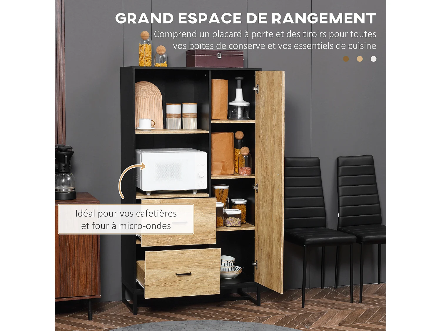 Buffet haut multi-rangement une porte 3 étagères 2 tiroirs 2 niches piètement acier noir aspect chêne clair