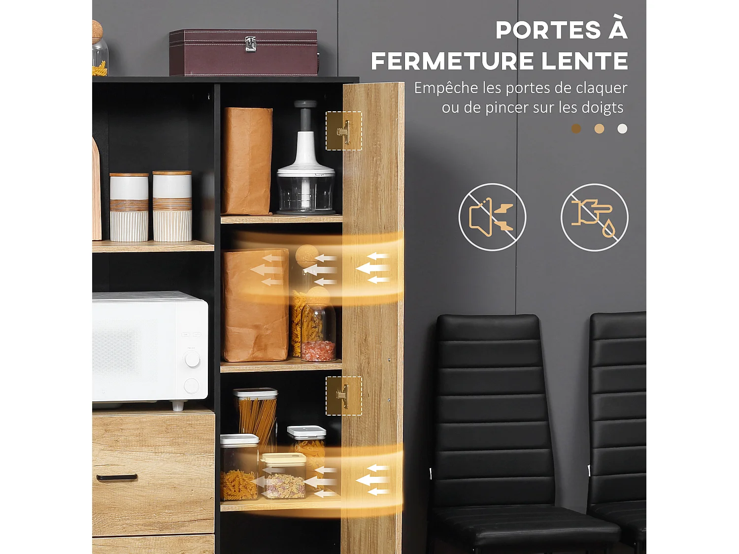 Buffet haut multi-rangement une porte 3 étagères 2 tiroirs 2 niches piètement acier noir aspect chêne clair