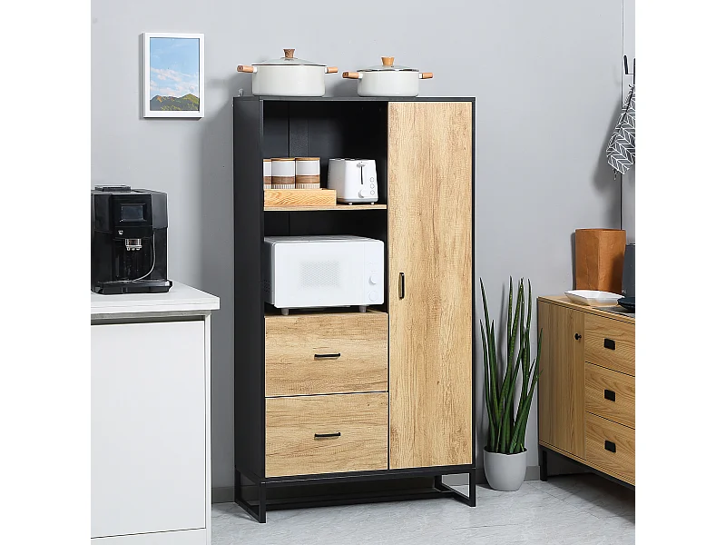 Buffet haut multi-rangement une porte 3 étagères 2 tiroirs 2 niches piètement acier noir aspect chêne clair