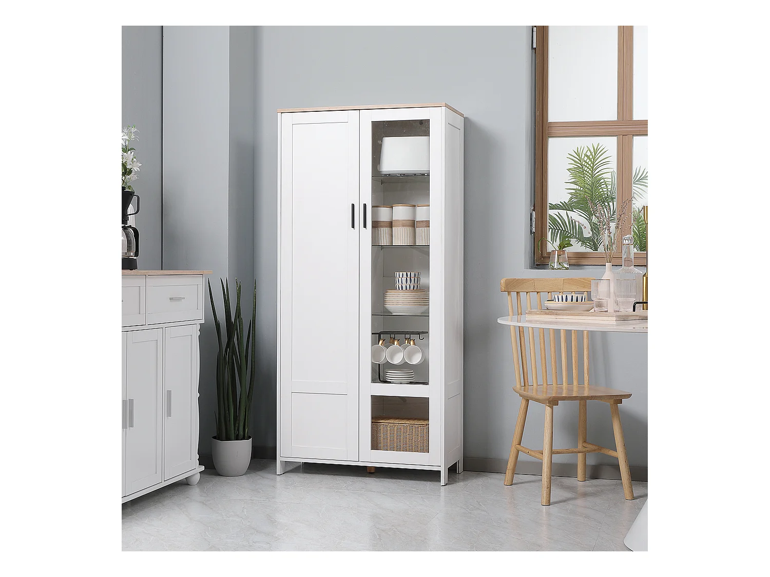 Armoire de rangement - 2 portes - 7 étagères - dim. 76L x 36l x 160H cm - blanc aspect chêne clair verre