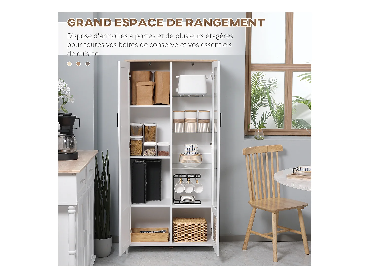 Armoire de rangement - 2 portes - 7 étagères - dim. 76L x 36l x 160H cm - blanc aspect chêne clair verre