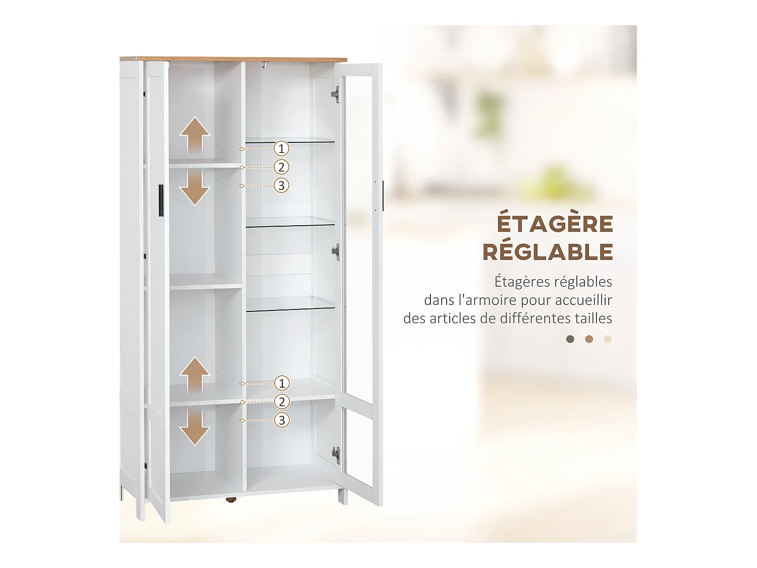 Armoire de rangement - 2 portes - 7 étagères - dim. 76L x 36l x 160H cm - blanc aspect chêne clair verre