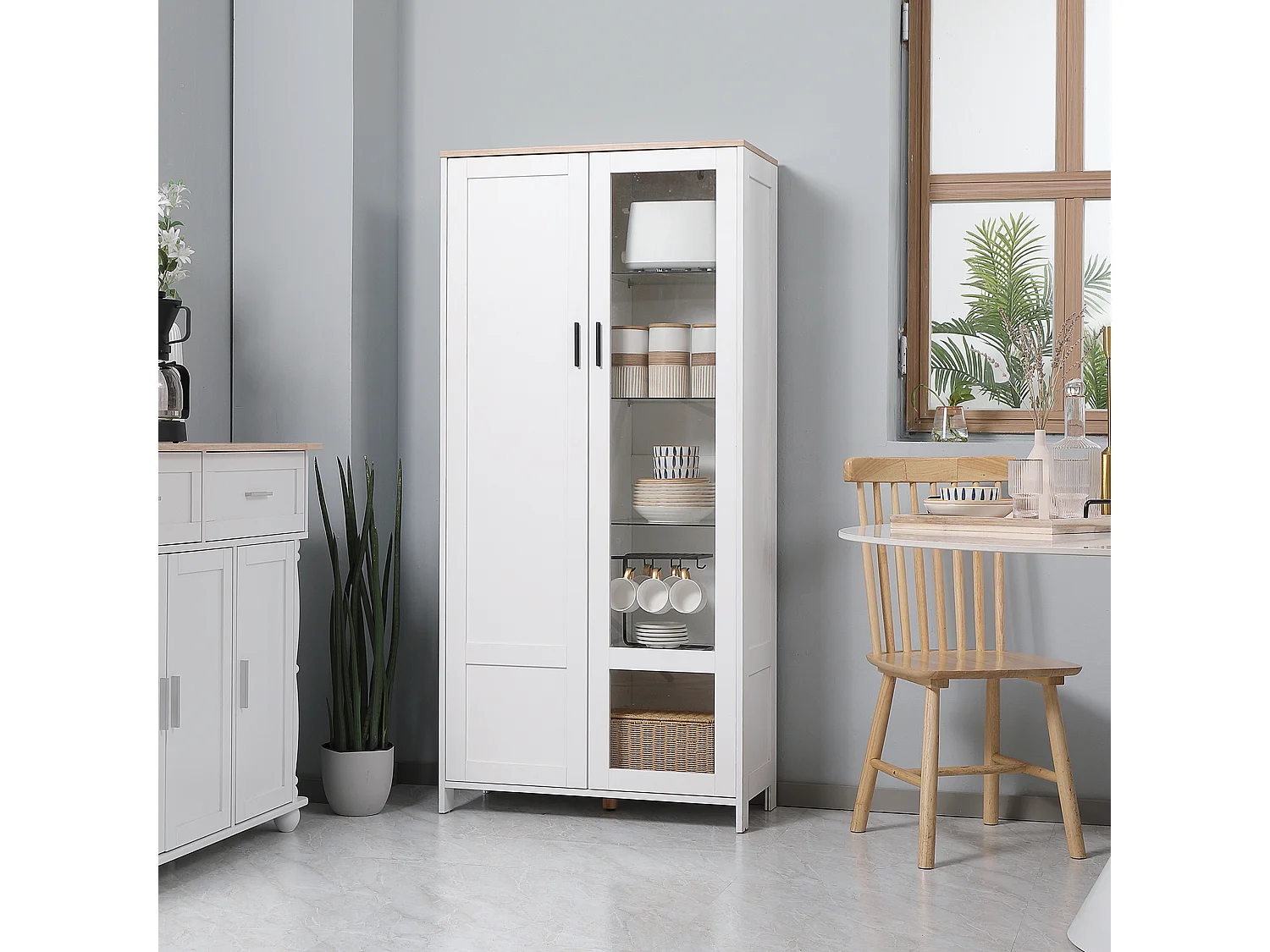 Armoire de rangement - 2 portes - 7 étagères - dim. 76L x 36l x 160H cm - blanc aspect chêne clair verre