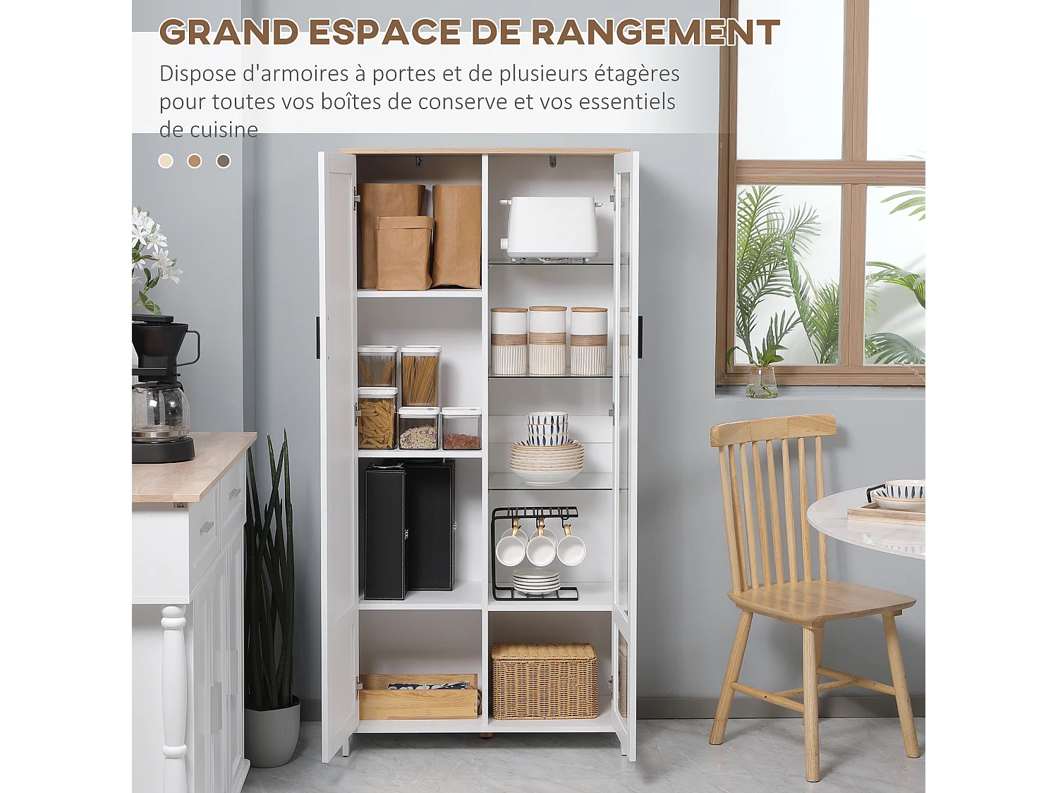 Armoire de rangement - 2 portes - 7 étagères - dim. 76L x 36l x 160H cm - blanc aspect chêne clair verre