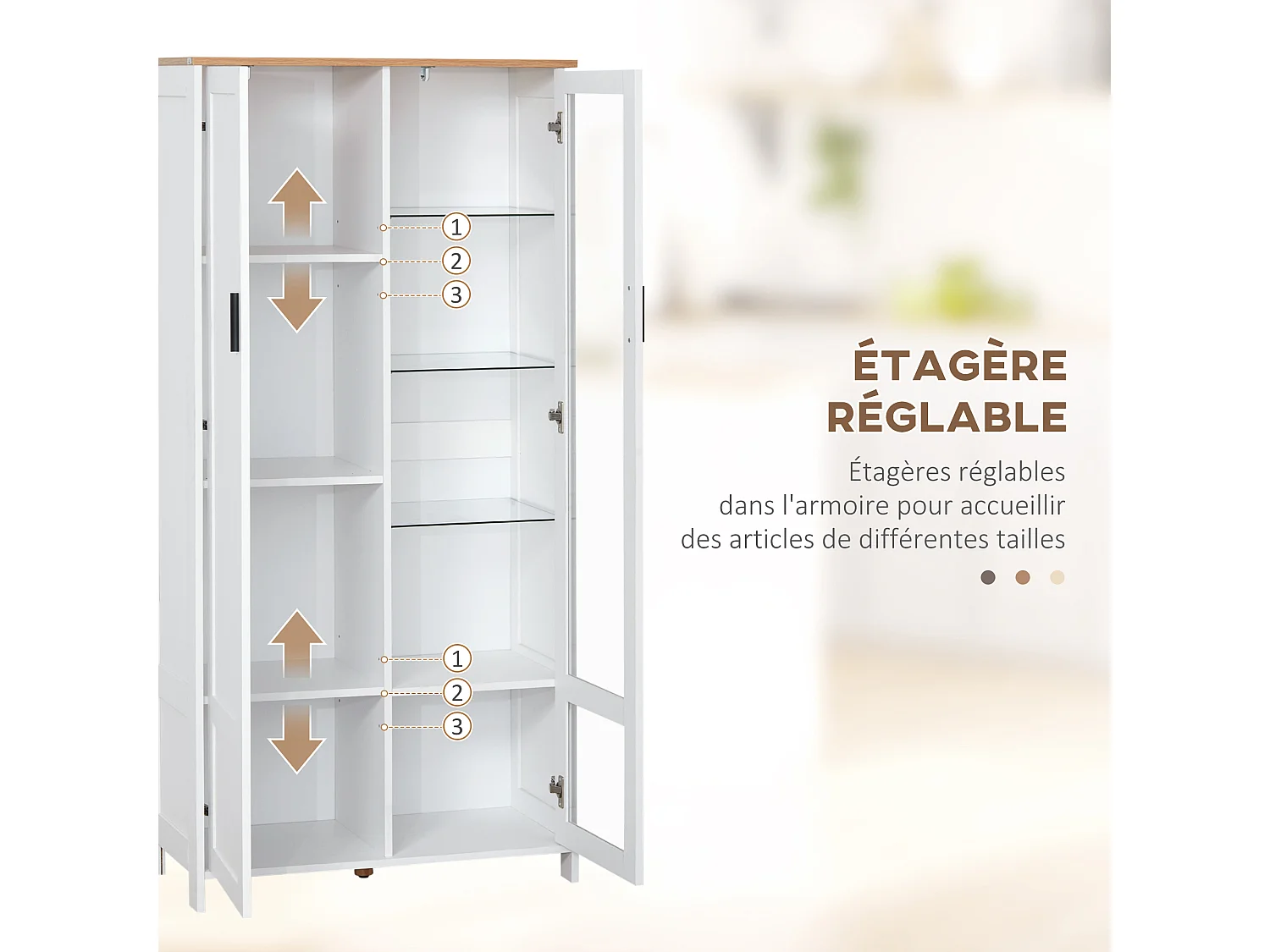 Armoire de rangement - 2 portes - 7 étagères - dim. 76L x 36l x 160H cm - blanc aspect chêne clair verre