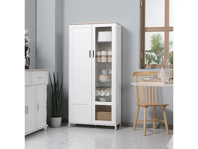 Armoire de rangement - 2 portes - 7 étagères - dim. 76L x 36l x 160H cm - blanc aspect chêne clair verre