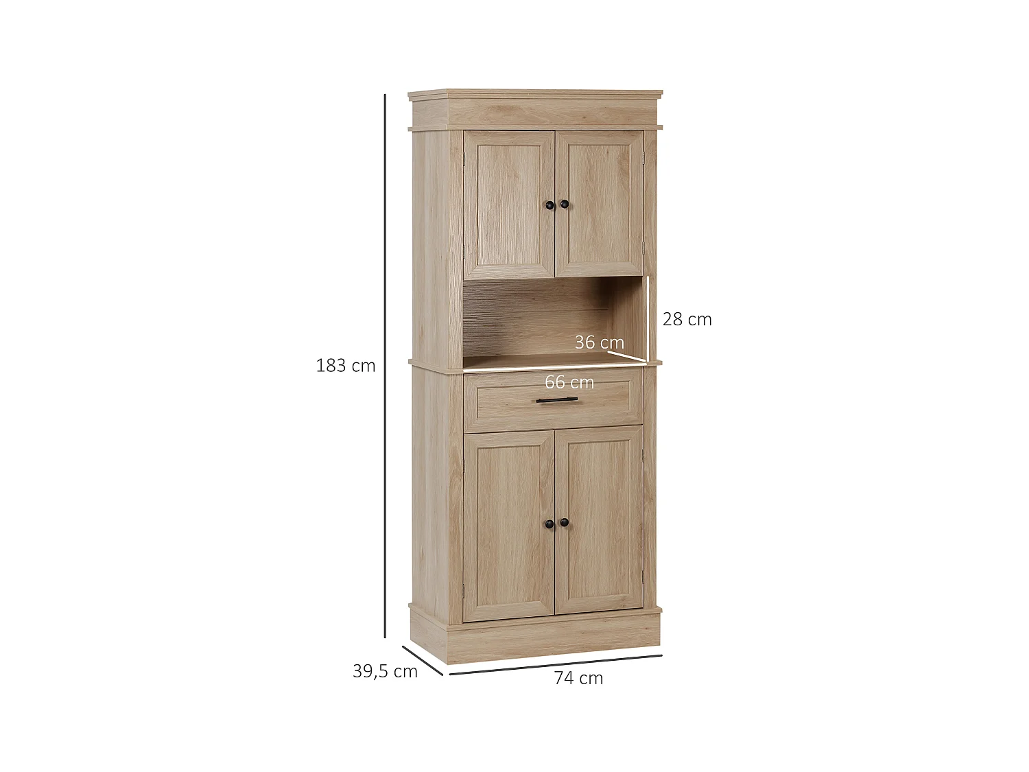 Buffet haut armoire de cuisine multi-rangement 2 placards 2 portes tiroir niche MDF panneaux aspect chêne clair